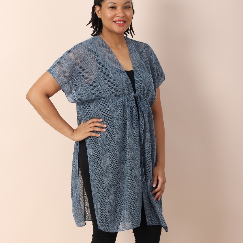 JOVIE Slate Blue Open Stitch Lightweight Kimono Cover-up with Drawstring Tie NWT